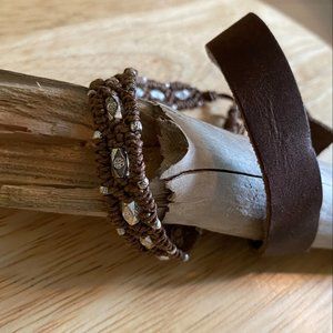 Brown Leather Bracelet & Strap Bracelet Set of (2)